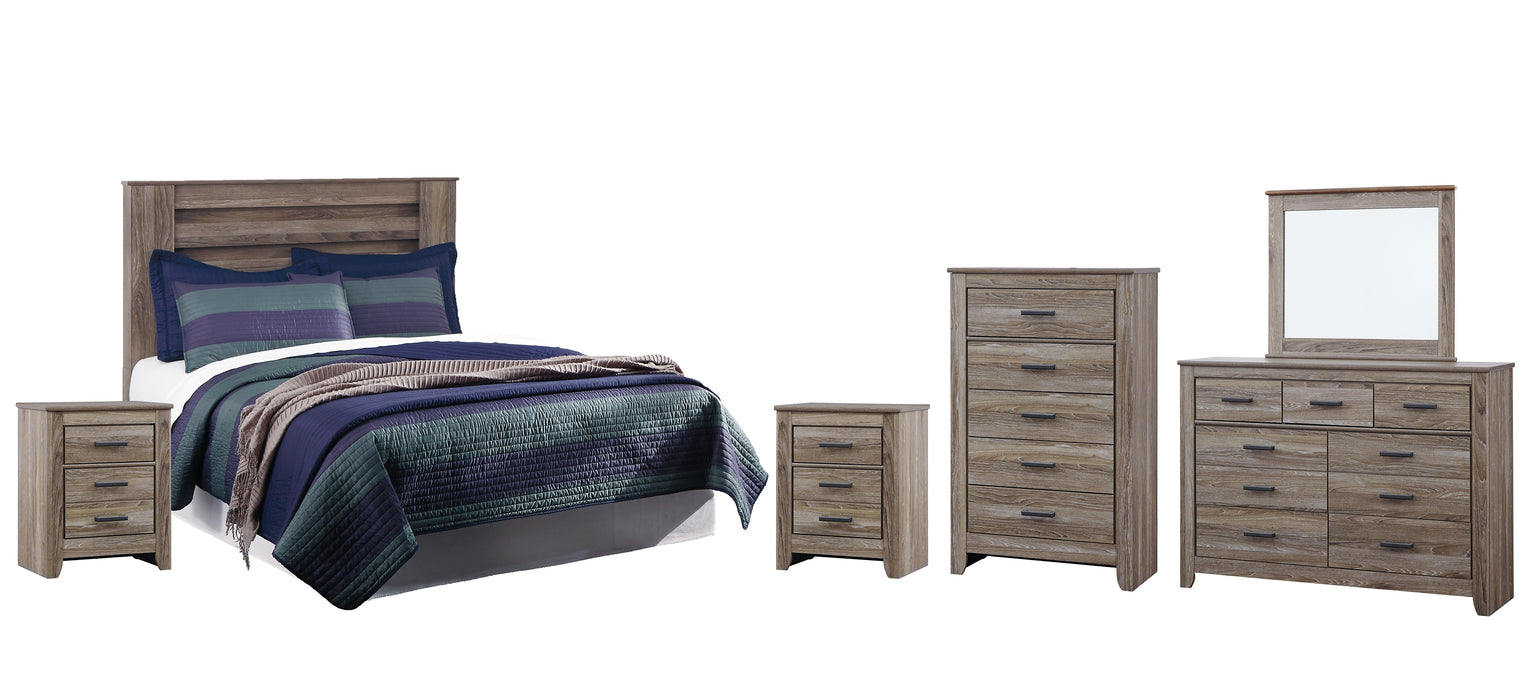 Zelen King/California King Panel Headboard with Mirrored Dresser, Chest and 2 Nightstands