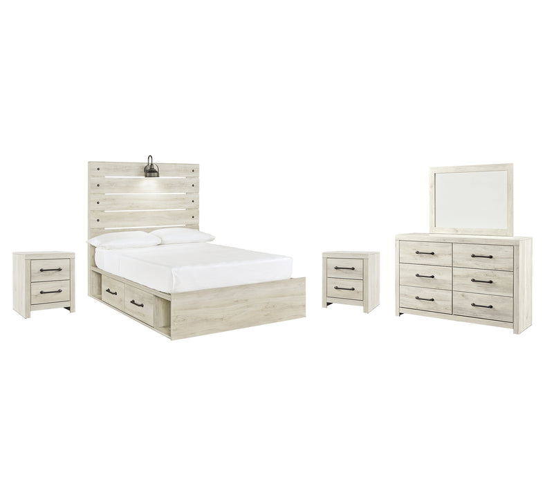 Cambeck Full Panel Bed with 4 Storage Drawers with Mirrored Dresser and 2 Nightstands