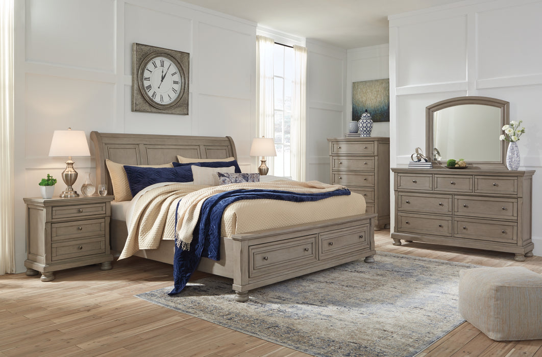 Lettner Queen Sleigh Bed with 2 Storage Drawers with Mirrored Dresser and 2 Nightstands