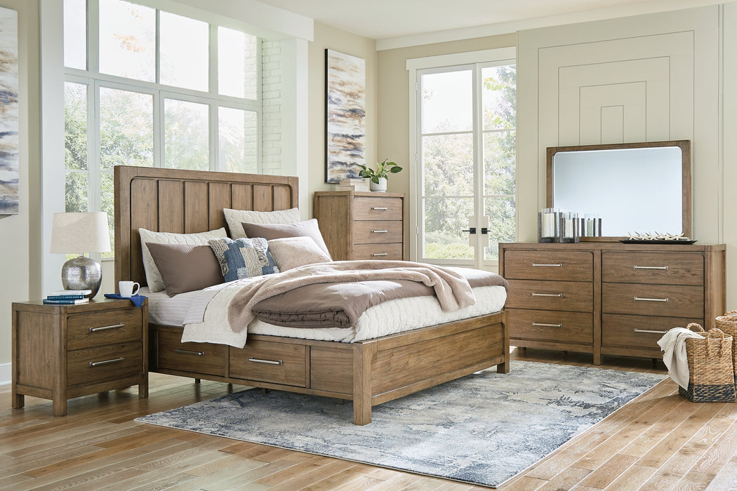 Cabalynn California King Panel Bed with Storage with Mirrored Dresser, Chest and Nightstand